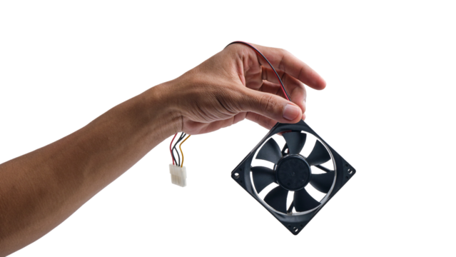Hand-holding a small computer fan isolated transparent background