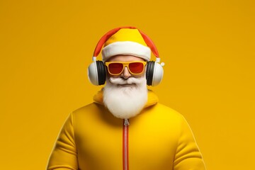 Fototapeta na wymiar Funny Santa Claus in headphones listening to music. Yellow background. Generative AI.