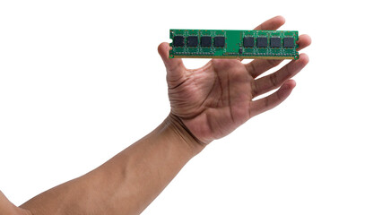 Hand-holding computer RAM memory isolated transparent background