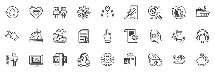 Fototapeta na wymiar Icons pack as Teamwork, Delivery service and Mattress line icons for app include Computer cables, Cold-pressed oil, Auction outline thin icon web set. Voting ballot, Bike rental. Vector