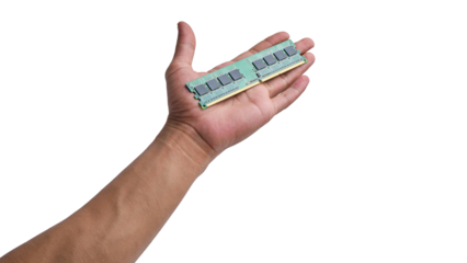 Hand-holding computer RAM memory isolated transparent background
