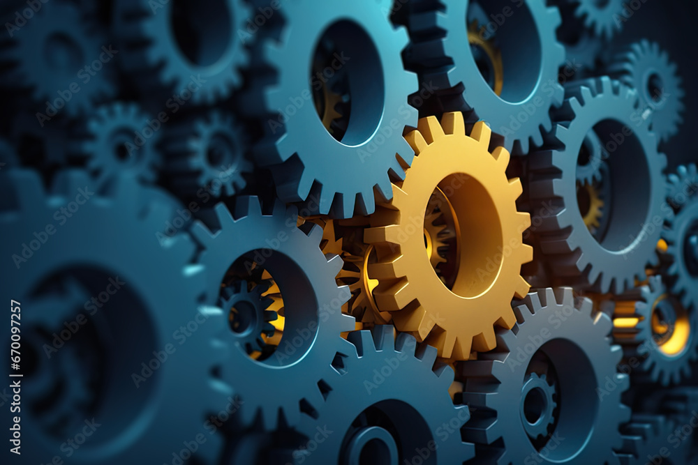 Wall mural abstract gears background with unique glowing yellow cogwheel. stand out from the crowd. business co