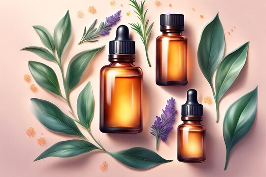 Realistic set of essential oil bottles with green leaves. Vector illustration. Generative AI