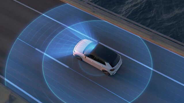 autonomous self-driving generic electric car driving along bridge or coastal highway into the sunset. Graphic animation of sensors scanning the road. Future transportation technology concept. Topview