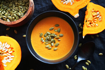 Pumpkin soup with pumpkin seeds next to a cut pumpkin on a dark background