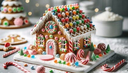 Fototapeta na wymiar Detailed photograph of a charming gingerbread house adorned with vibrant candy embellishments and intricate icing designs. The house is nestled on a snowy foundation, surrounded by candy canes and del