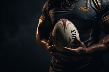 Close-up of rugby player holding ball against rugby stadium under spotlights. Generative AI. - obrazy, fototapety, plakaty