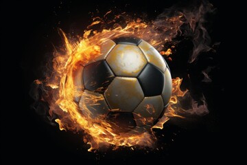 Soccer ball with fire bursting through it. Generative AI.