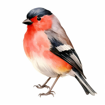 Red robin bullfinch bird watercolor paint for Christmas card decor on white . Generated AI