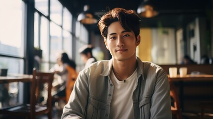 Fototapeta premium portrait of a man,Happy Asian man in cafe, handsome Asian man concept