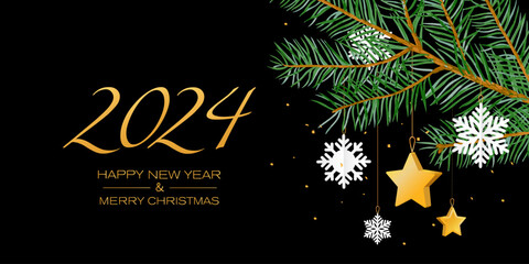 2024 gold number with pine branch and snowflake, stars on a black background. Merry Christmas and Happy New Year banner.
