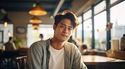 Fototapeta premium Cafe concept, young Chinese man in cafe, handsome Asian young man