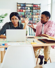 african american woman gesture ignore man's explanation looking at laptop computer