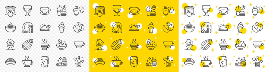 Outline Food delivery, Wine glass and Market line icons pack for web with Cafe creme, Romantic dinner, Love champagne line icon. Calories, Espresso, Water cooler pictogram icon. Vector