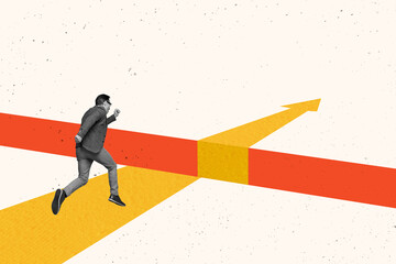 Composite collage image of businessman entrepreneur running fast jumping over abyss achieve reach...