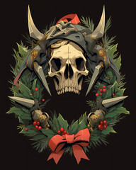 Christmas wreath made of fir branches, decorated with a hardrock skull and crossbones with a red ribbon.