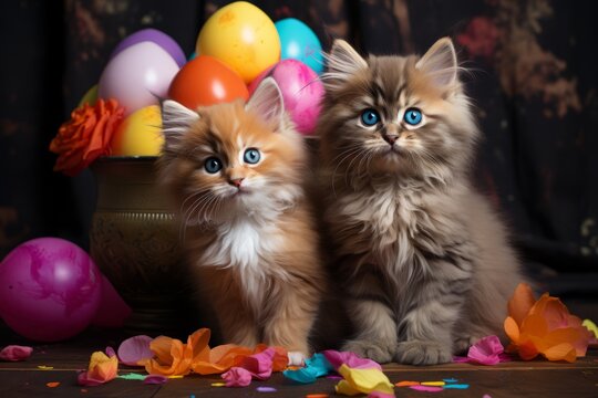 Easter Golden Chinchilla Persian kittens with large purple easter egg on yellow background 