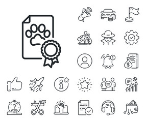 Pets award sign. Salaryman, gender equality and alert bell outline icons. Dog competition certificate line icon. Champion winner medal symbol. Dog certificate line sign. Vector