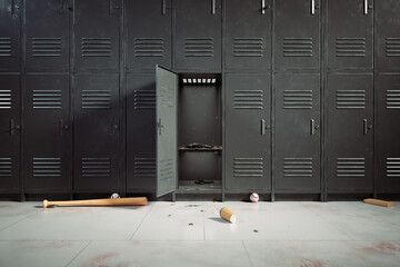 Handgun and stun gun on the shelf in a metal grey locker at school hallway. - obrazy, fototapety, plakaty
