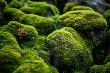 Background of moss-covered stones with green hues. Can be used as a wallpaper. Generative AI