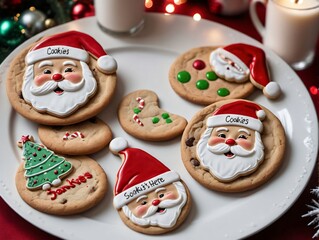 Fototapeta na wymiar A Plate Of Cookies Decorated Like Santa Claus