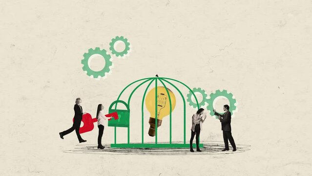 Stop motion. Animation. People want to start new project, unlock startup. Employers opening with huge key electric bulb in cage.