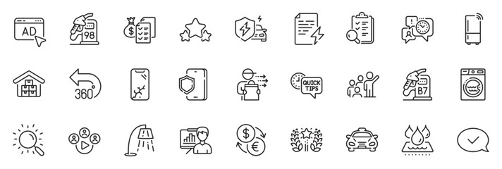 Icons pack as Ad, Power certificate and Accounting wealth line icons for app include Video conference, Time management, Diesel station outline thin icon web set. Stars, Petrol station. Vector