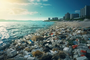 beach full of garbage and plastic waste as wide banner for environmental and recycle concepts - obrazy, fototapety, plakaty