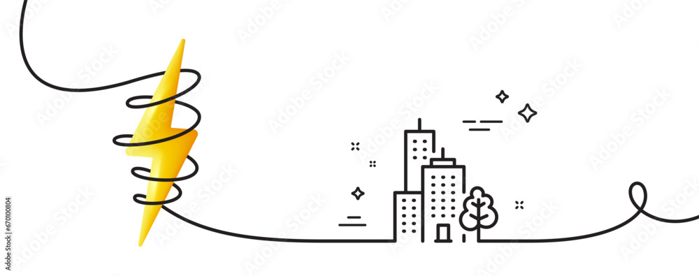 Poster skyscraper buildings line icon. continuous one line with curl. city architecture with tree sign. tow