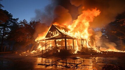 Fototapeta home ablaze, smoke, flames coming from the windows. obraz