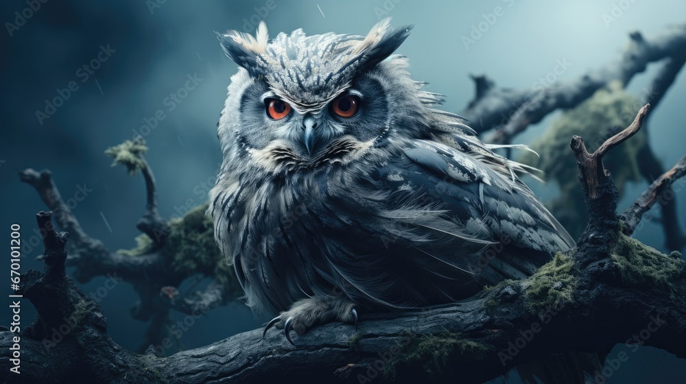 Poster  an owl sitting on top of a tree branch in front of a full moon with a red - eyed owl in the center of it's foreground, with mossy branches in the foreground.  generative ai