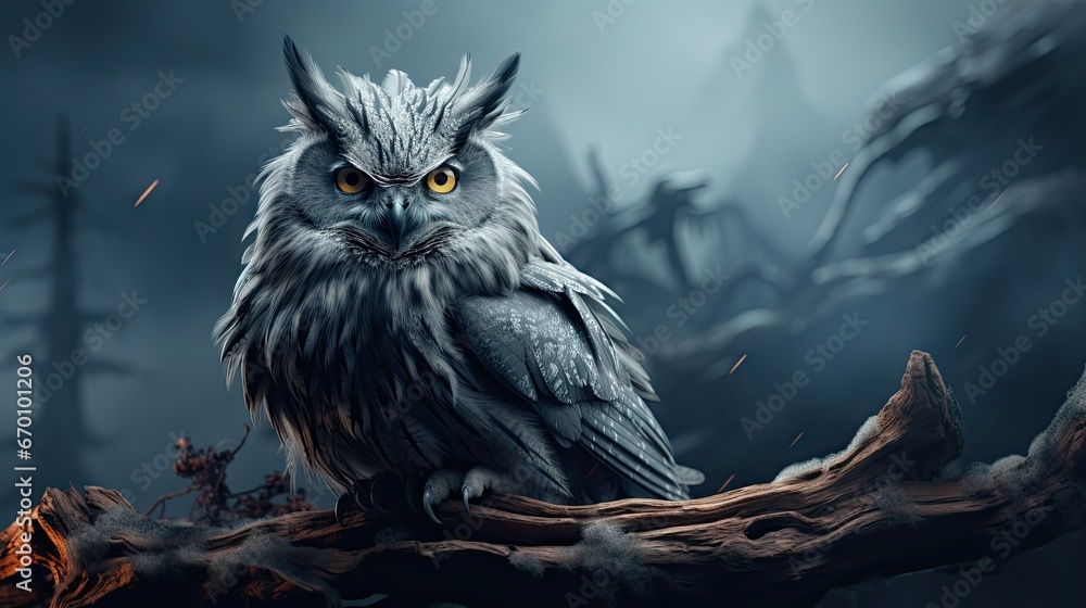 Poster  an owl sitting on top of a tree branch in the middle of a forest with a full moon in the sky behind it and a foggy night sky behind it.  generative ai
