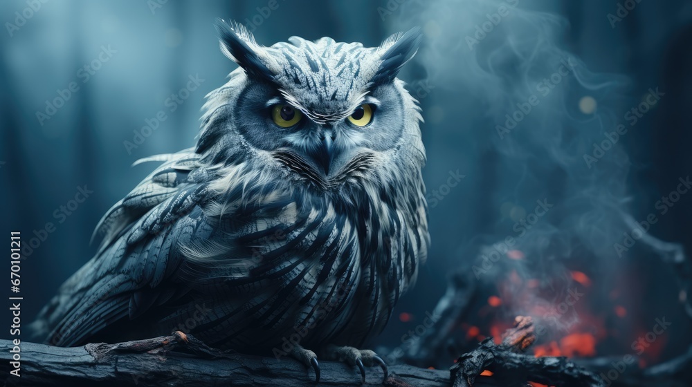 Poster an owl sitting on top of a tree branch in front of a forest filled with lots of trees and a fire bur