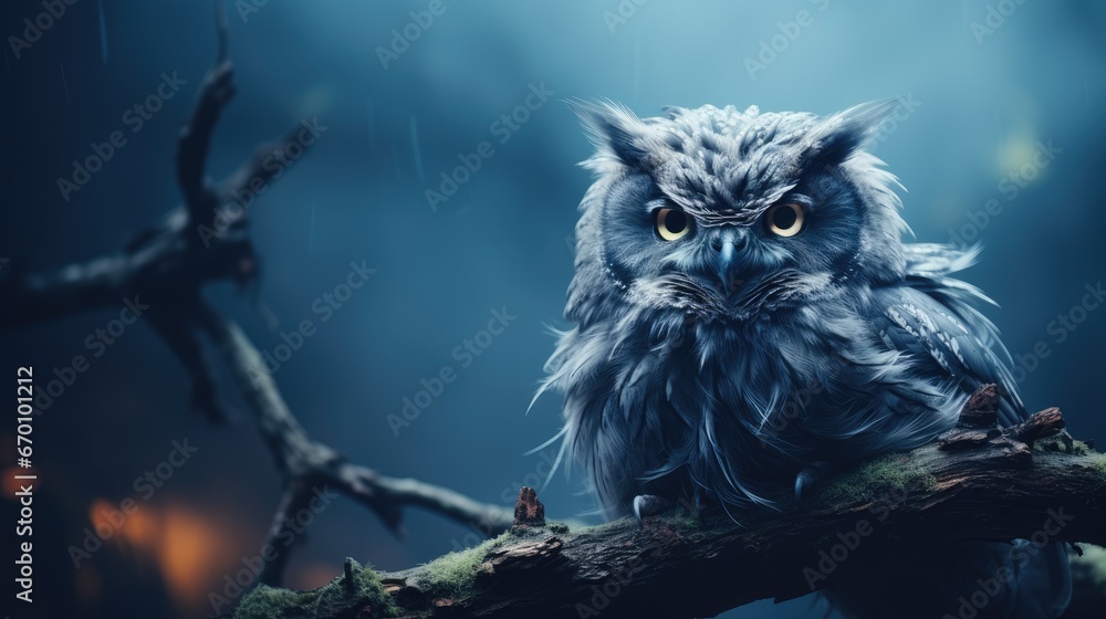 Poster an owl sitting on top of a tree branch in the middle of the night with it's eyes wide open and it's 