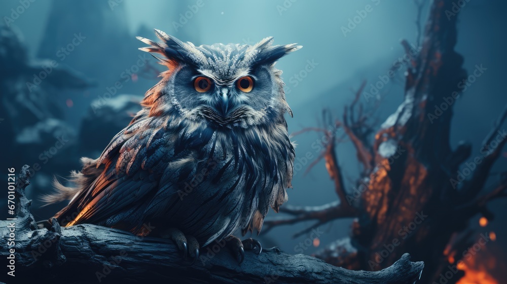 Poster a close up of an owl sitting on a tree branch in front of a forest filled with lots of trees and a f