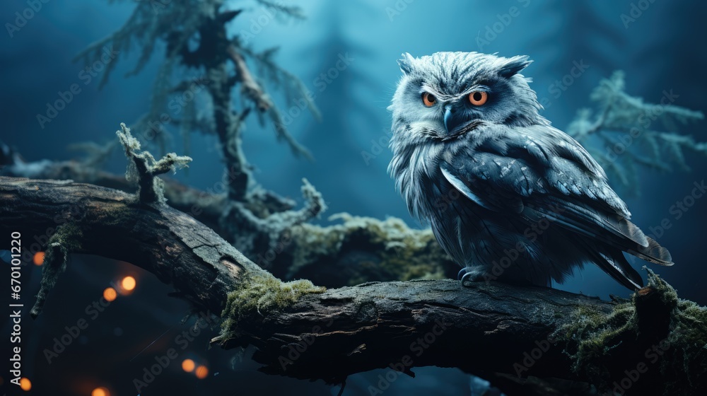 Poster an owl sitting on top of a tree branch in front of a forest filled with lots of trees and lit up wit