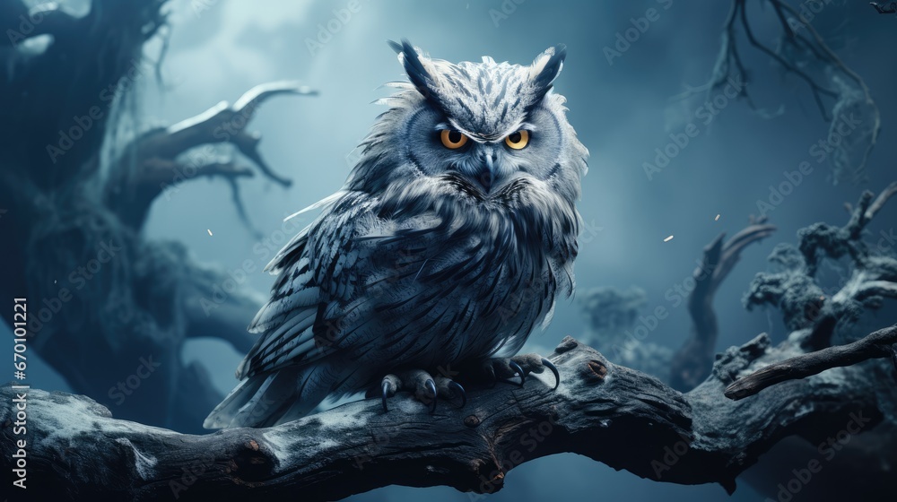 Poster  an owl sitting on top of a tree branch in the middle of a forest at night with yellow eyes and a full moon in the sky behind of dead branches.  generative ai