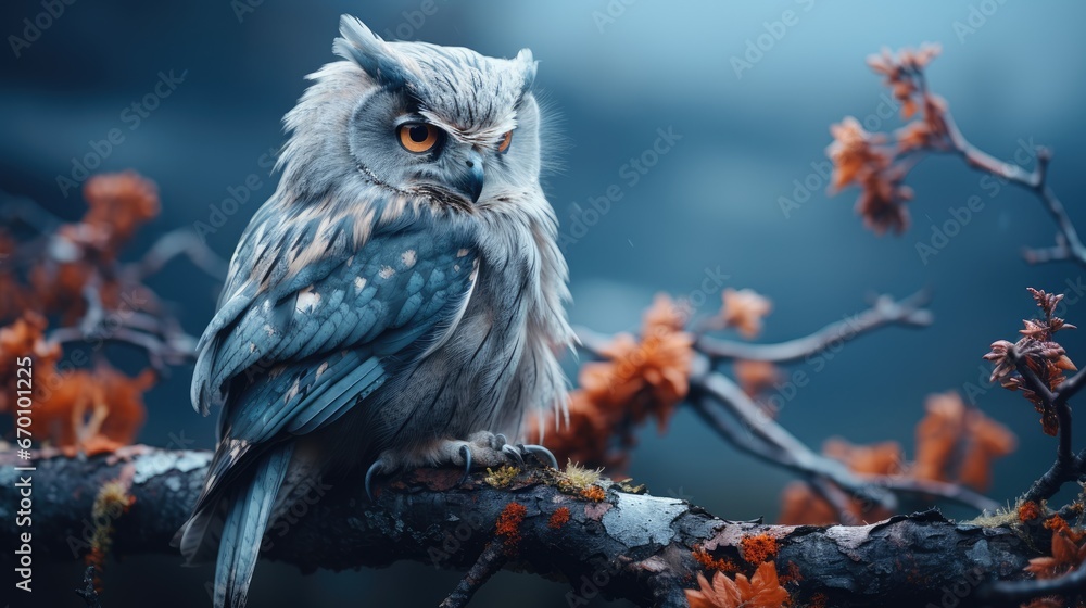 Poster an owl sitting on top of a tree branch in front of a blue sky with orange leaves and a tree branch i