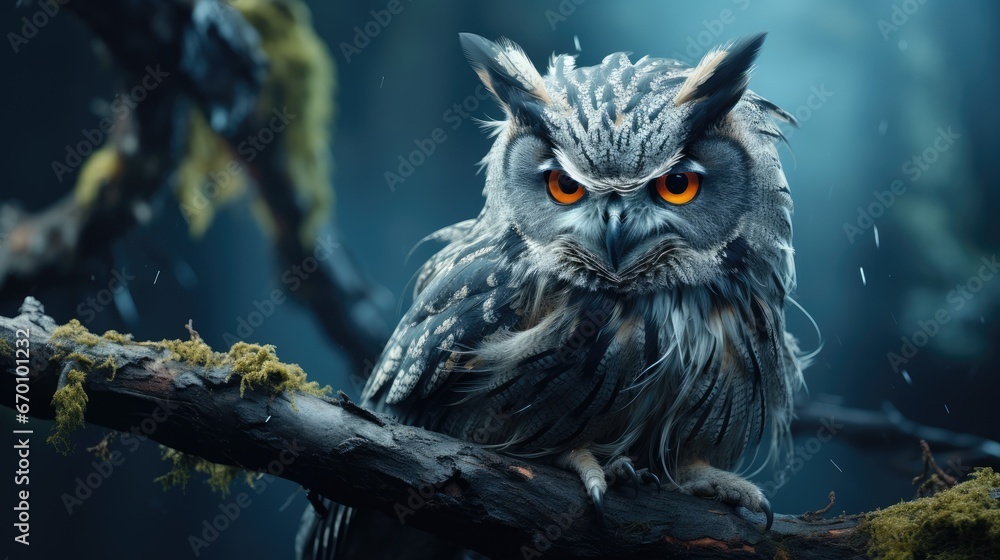 Poster  a close up of an owl on a tree branch with a background of blurry trees and a bright orange - eyed owl in the foreground of the image.  generative ai