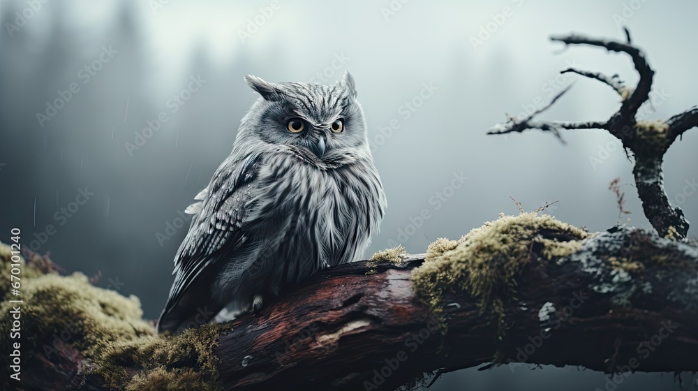 Poster an owl sitting on top of a tree branch in the middle of a forest with moss growing on it's branches 