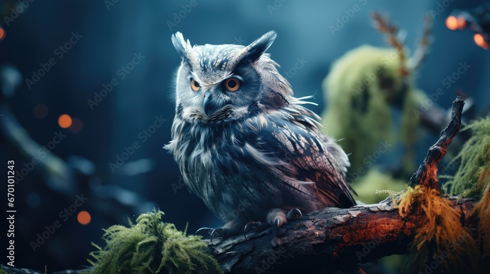 Poster an owl sitting on top of a tree branch in front of a forest filled with lots of green mossy trees an