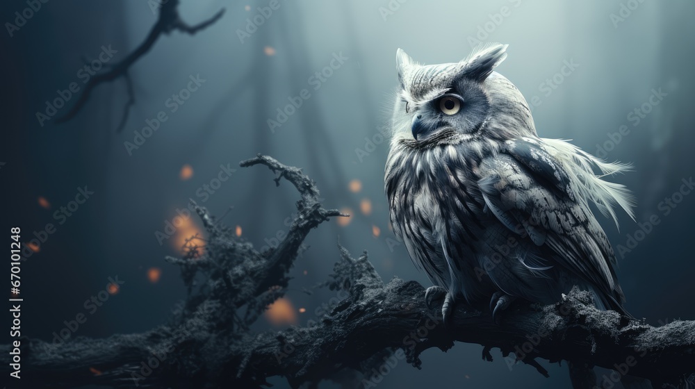 Poster an owl sitting on top of a tree branch in the middle of a forest filled with dead trees and glowing 