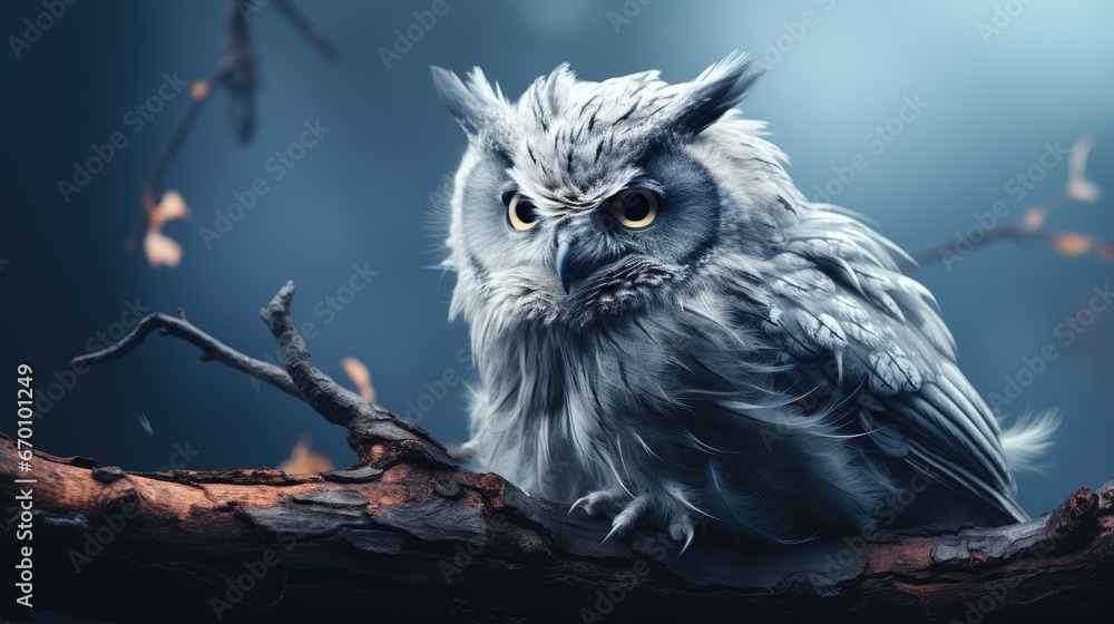 Poster  an owl sitting on top of a tree branch in front of a dark background with leaves and branches in the foreground, with a blue sky in the background.  generative ai