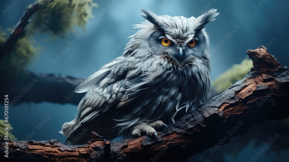 Poster a painting of an owl sitting on a tree branch with a blue sky in the back ground and a tree branch i