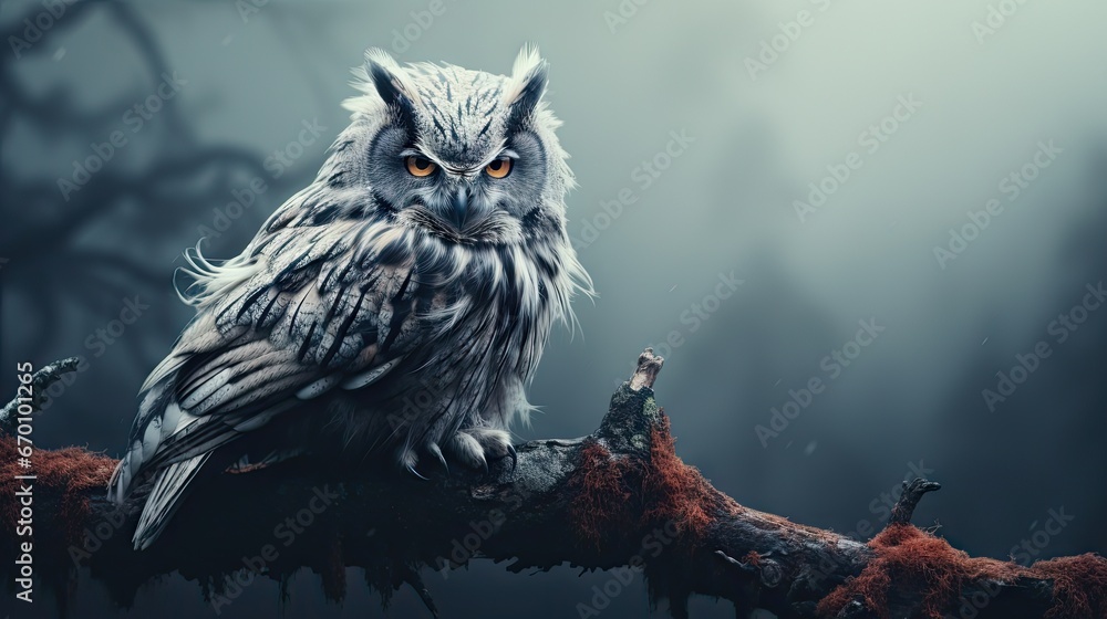 Poster an owl sitting on top of a tree branch in the middle of a forest with a bird perched on it's branch 