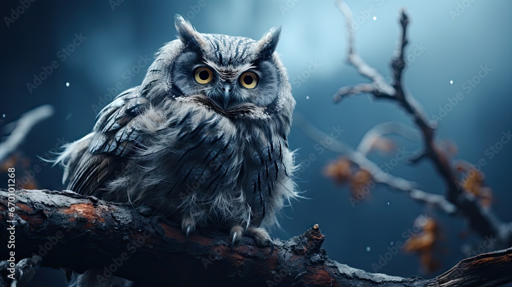Poster  an owl sitting on top of a tree branch in front of a full moon and a tree branch in the foreground with leaves and branches in the foreground.  generative ai