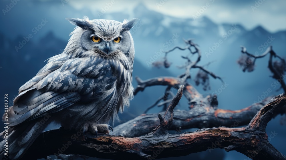 Poster an owl sitting on a tree branch in front of a night sky with mountains and trees in the background a