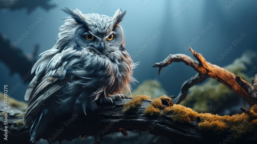 Poster  an owl is perched on a branch in a dark, spooky area with moss and lichens on the branches and a dark background of a foggy sky.  generative ai