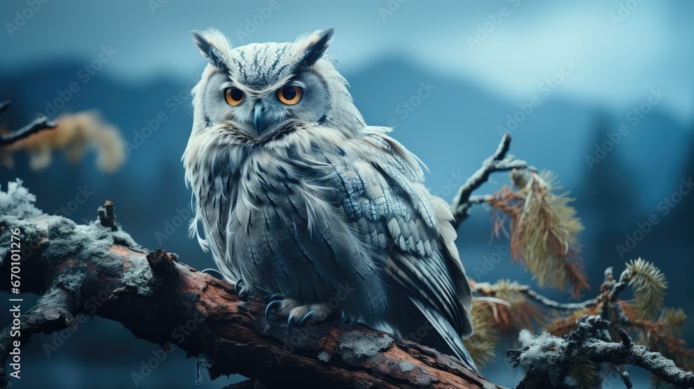 Poster an owl sitting on top of a tree branch with snow on it's branches and a blue sky in the back ground 