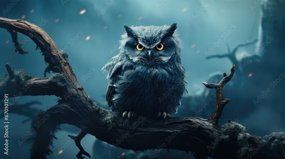 Poster an owl sitting on top of a tree branch in the middle of a forest with a full moon in the sky in the 